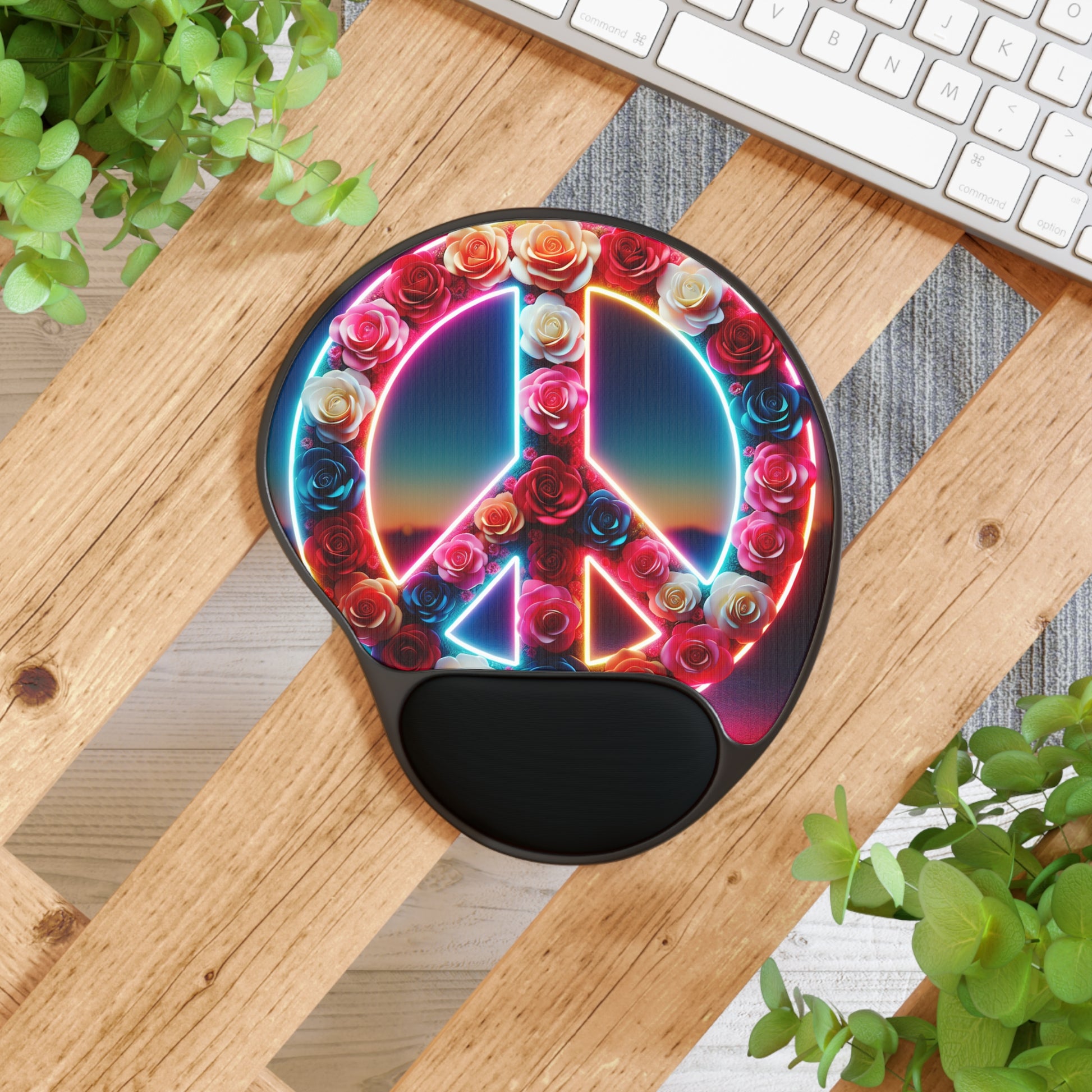 Vibrant Floral Peace Mouse Pad with Wrist Rest - Office Gift, Gamer Accessory, Desk Decor, Flower Power, Stress Relief