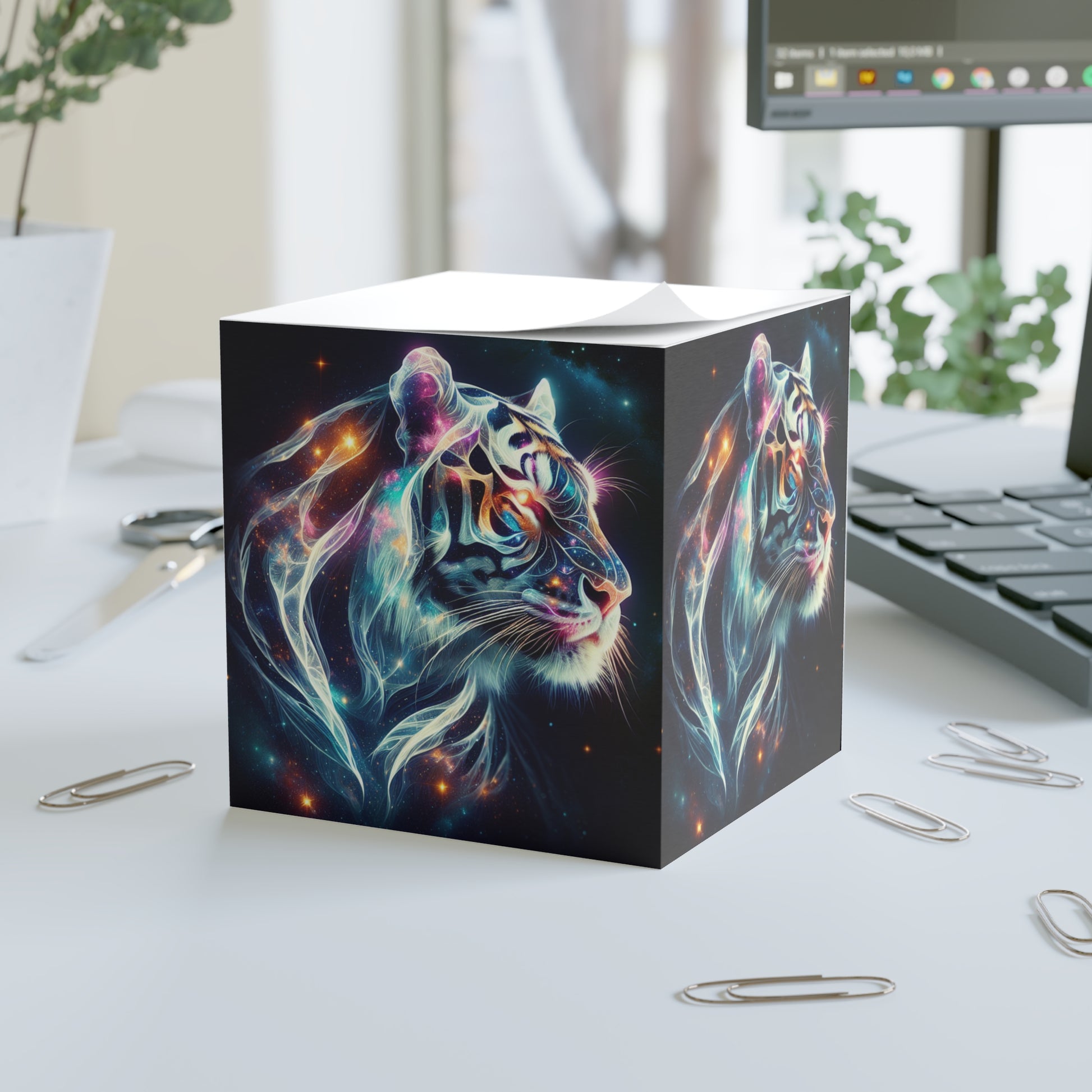 Cosmic Tiger Note Cube - Dreamy Desk Organizer, Art Gift, Inspirational Notes, Creative Office Decor, Unique Stationery