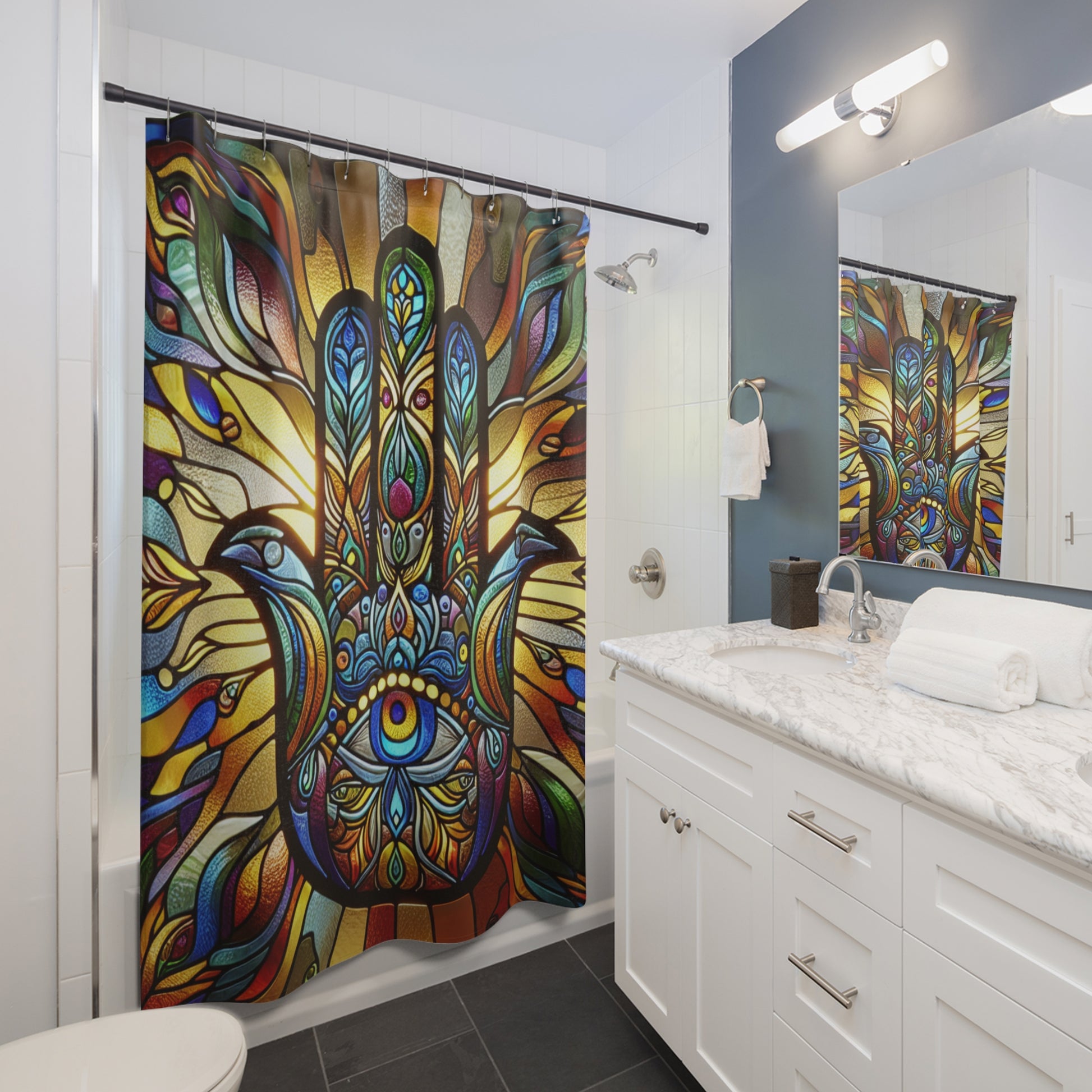 Vibrant Stained Glass Shower Curtain, Bohemian Home Decor, Eye-Catching Bathroom Accent, Unique Gift, Hamsa Design