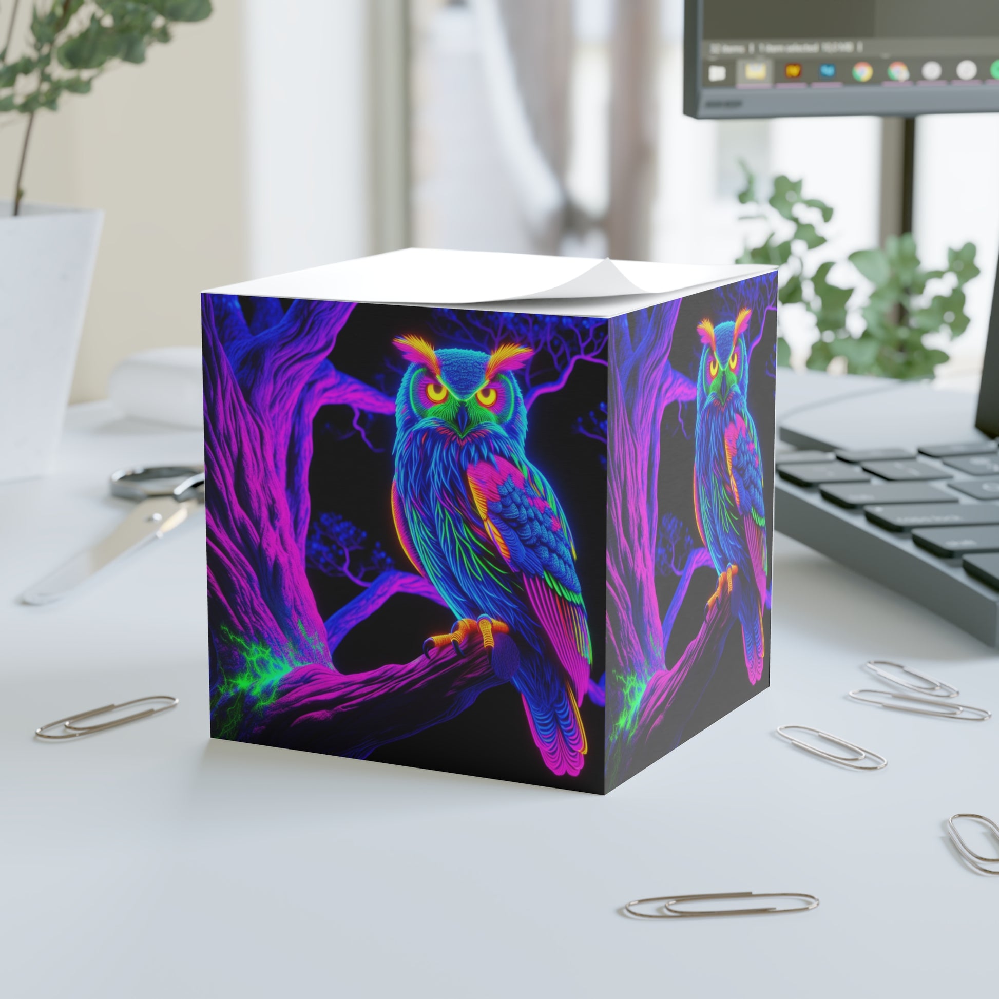 Neon Owl Note Cube - Colorful Desk Organizer, Gifts for Students, Office Decor, Colorful Stationery, Creative Writing Supplies