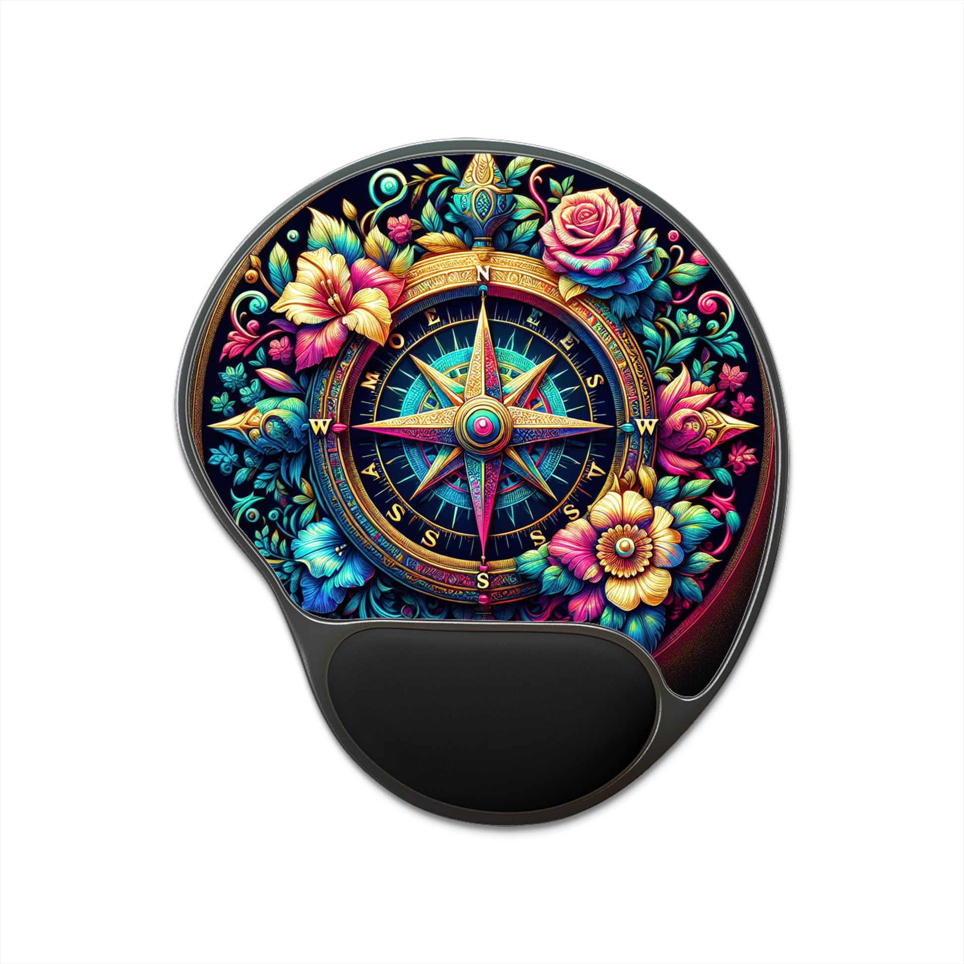 Colorful Floral Compass Mouse Pad with Wrist Rest - Perfect for Office Decor, Gifts for Students, Gamers, or Home Offices