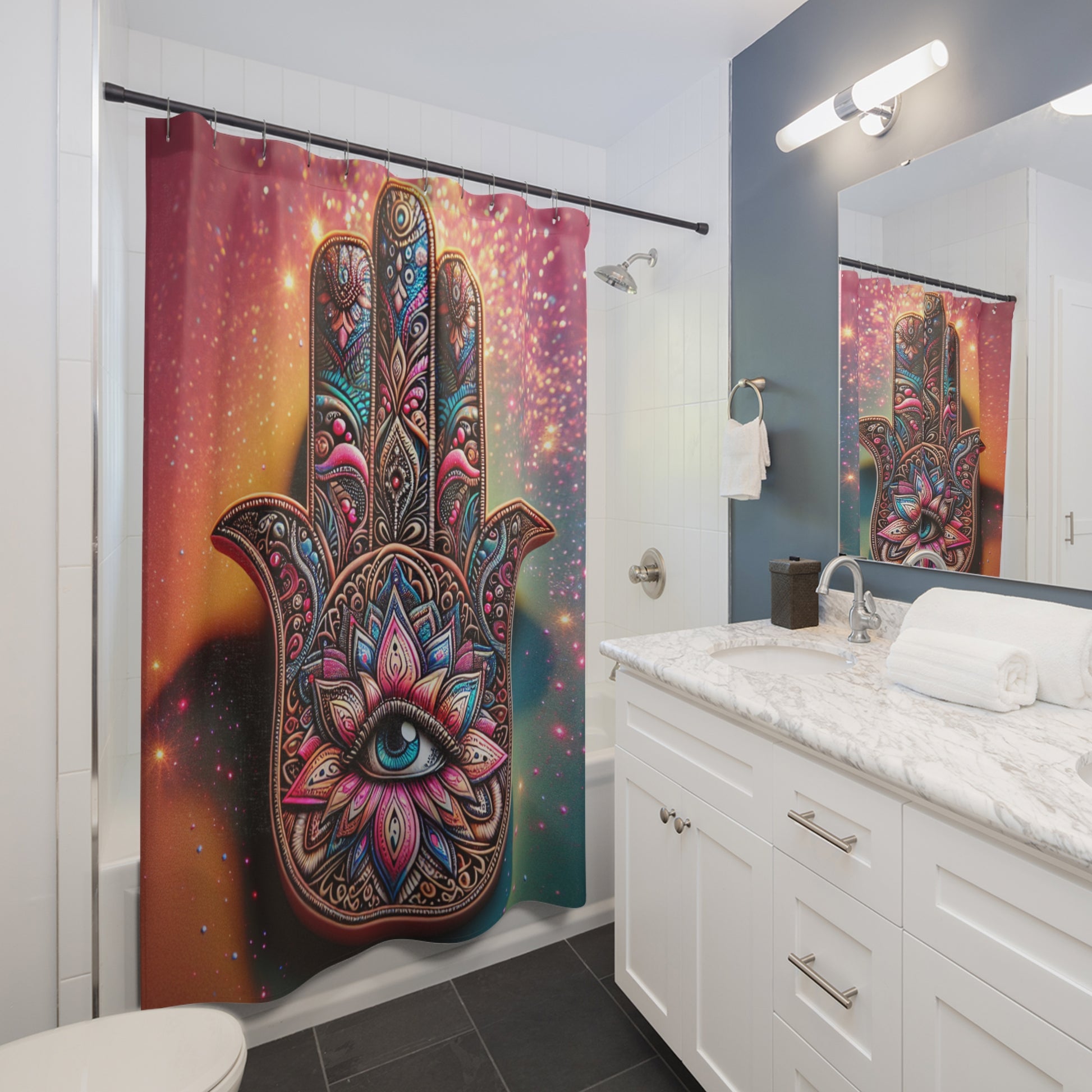 Bohemian Shower Curtain with Hamsa Design, Spiritual Home Decor, Unique Bathroom Accessory, Gift for Yoga Lovers, Colorful Wall Art