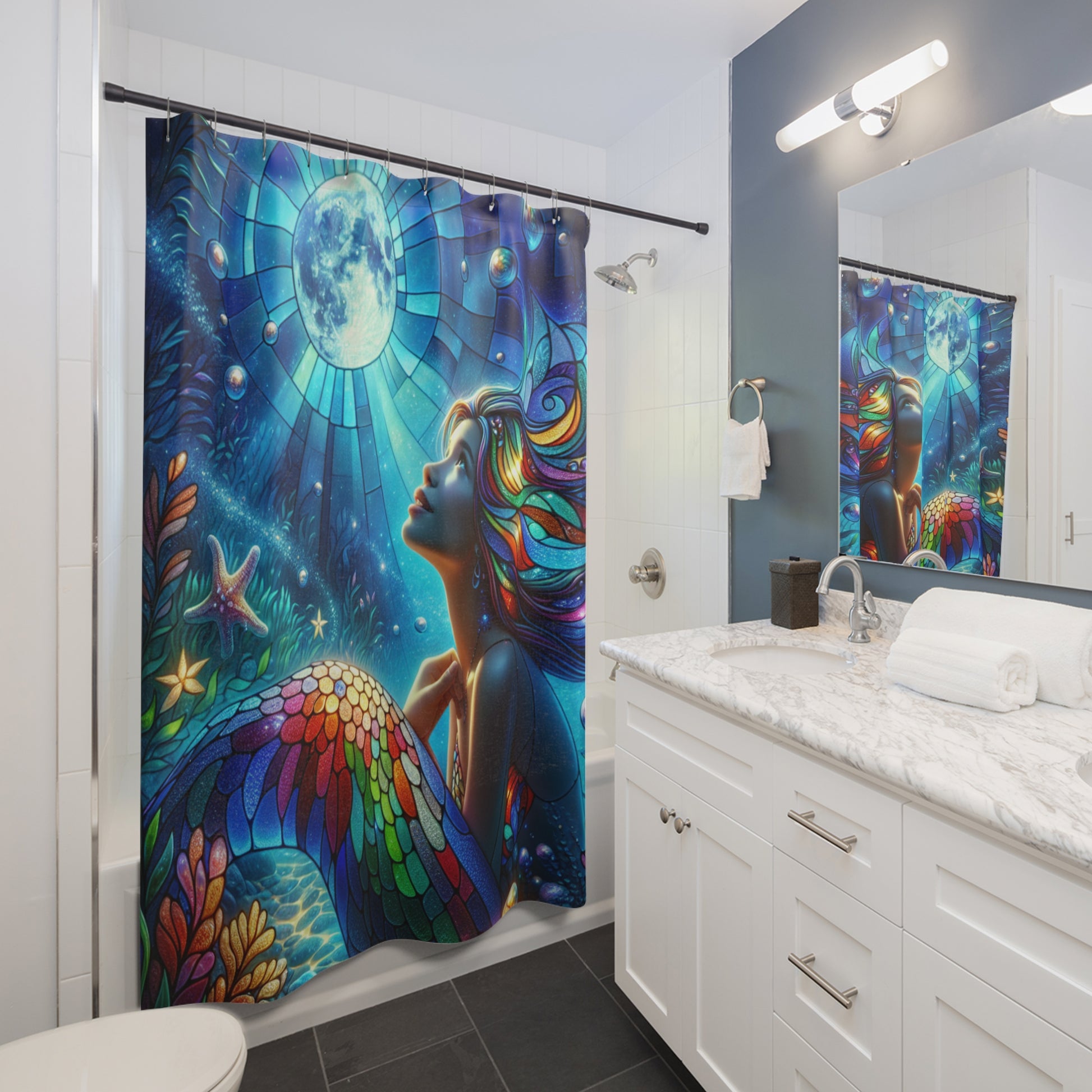 Colorful Mermaid Shower Curtain | Bohemian Bathroom Decor, Artistic Home Accessory, Unique Gift, Fantasy Wall Art