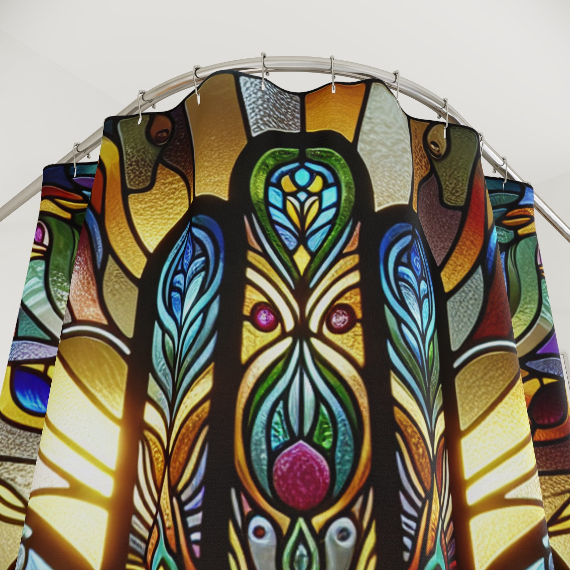 Vibrant Stained Glass Shower Curtain, Bohemian Home Decor, Eye-Catching Bathroom Accent, Unique Gift, Hamsa Design