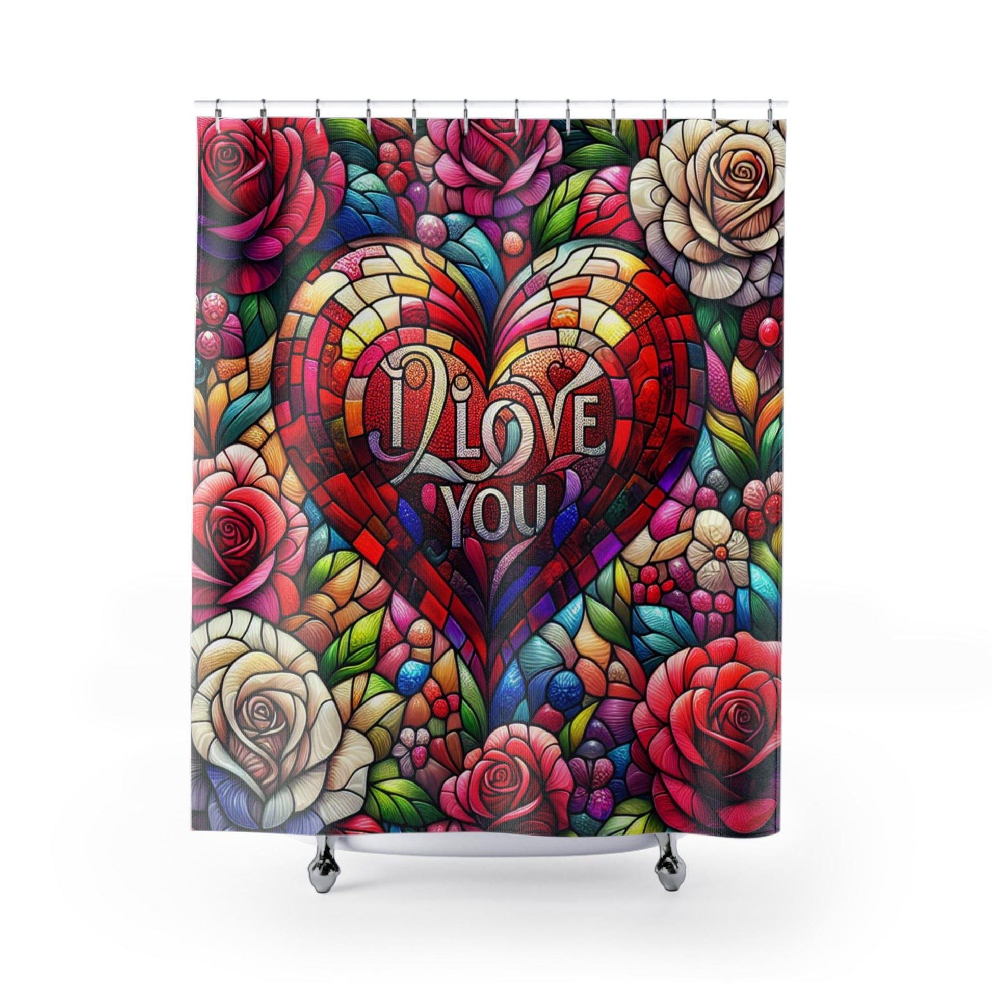 Romantic Floral Shower Curtain, Colorful Heart Design, Bathroom Decor, Gift for Couples, Wedding, Anniversary